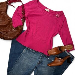 Fuchsia Pink Sweater Boat Neck Top with Buckle